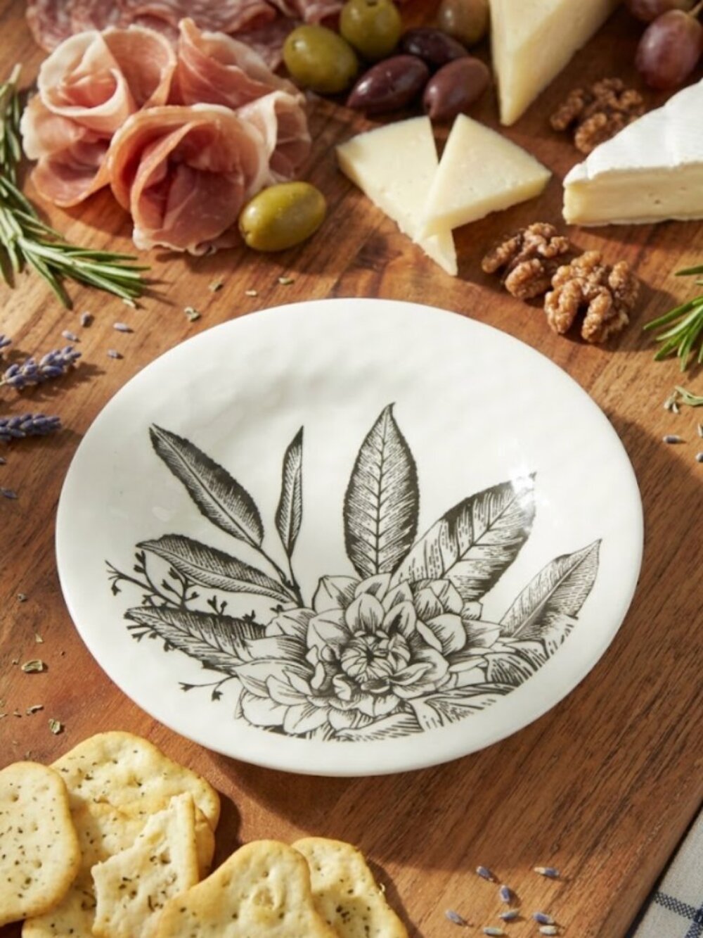 Botanical Floral Melamine & Bamboo Appetizer Plate Set of 4